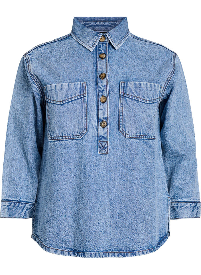 Denim shirt with half placket and chest pockets, Light Blue, Packshot image number 0