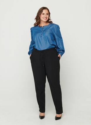 Blouse with long puff sleeves and buttons, Blue denim, Model image number 2