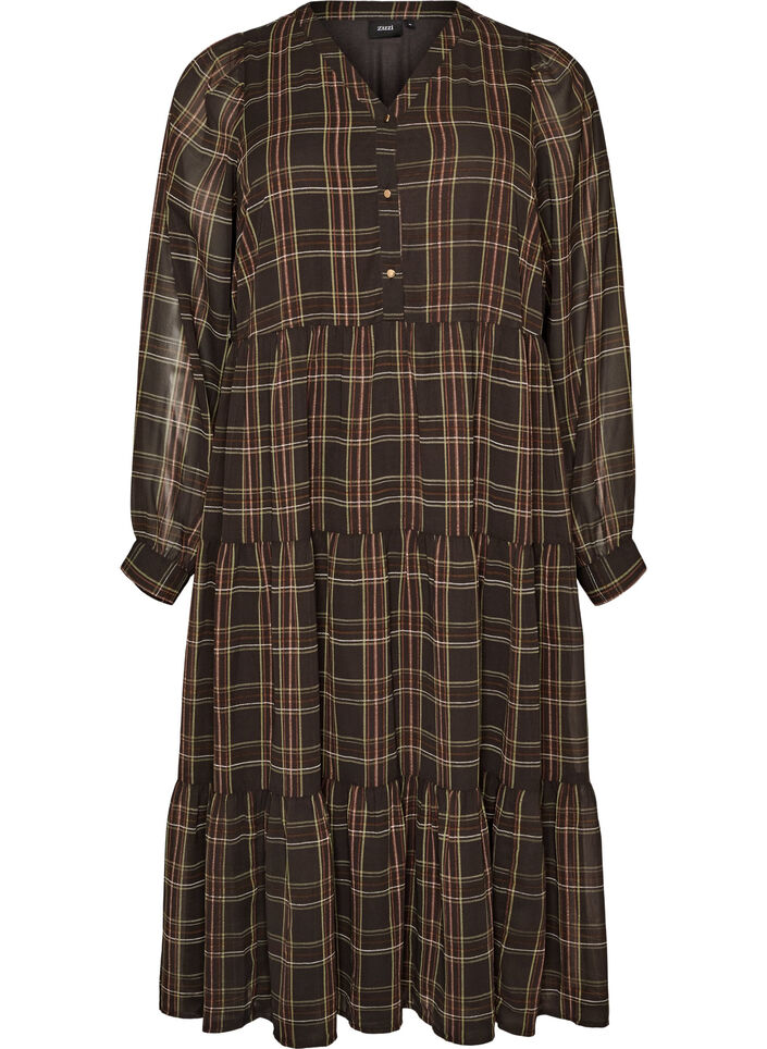 Checked midi dress with a tiered skirt, Brown, Packshot