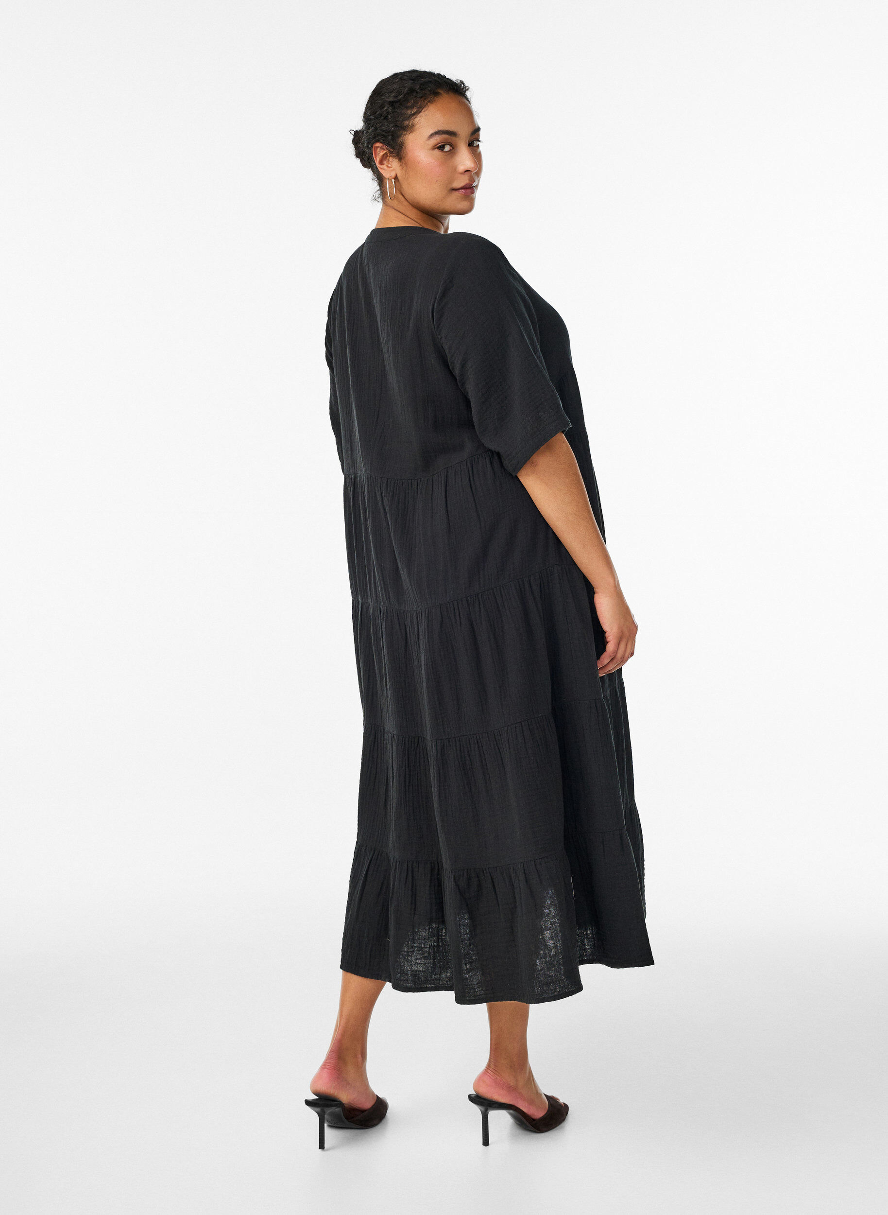 ZizzifashionA-line midi dress in cotton muslin, Black, Model image number 2