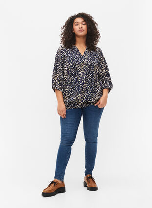 Blouse with smock and 3/4 sleeves, Navy B./Beige Dot, Model image number 2