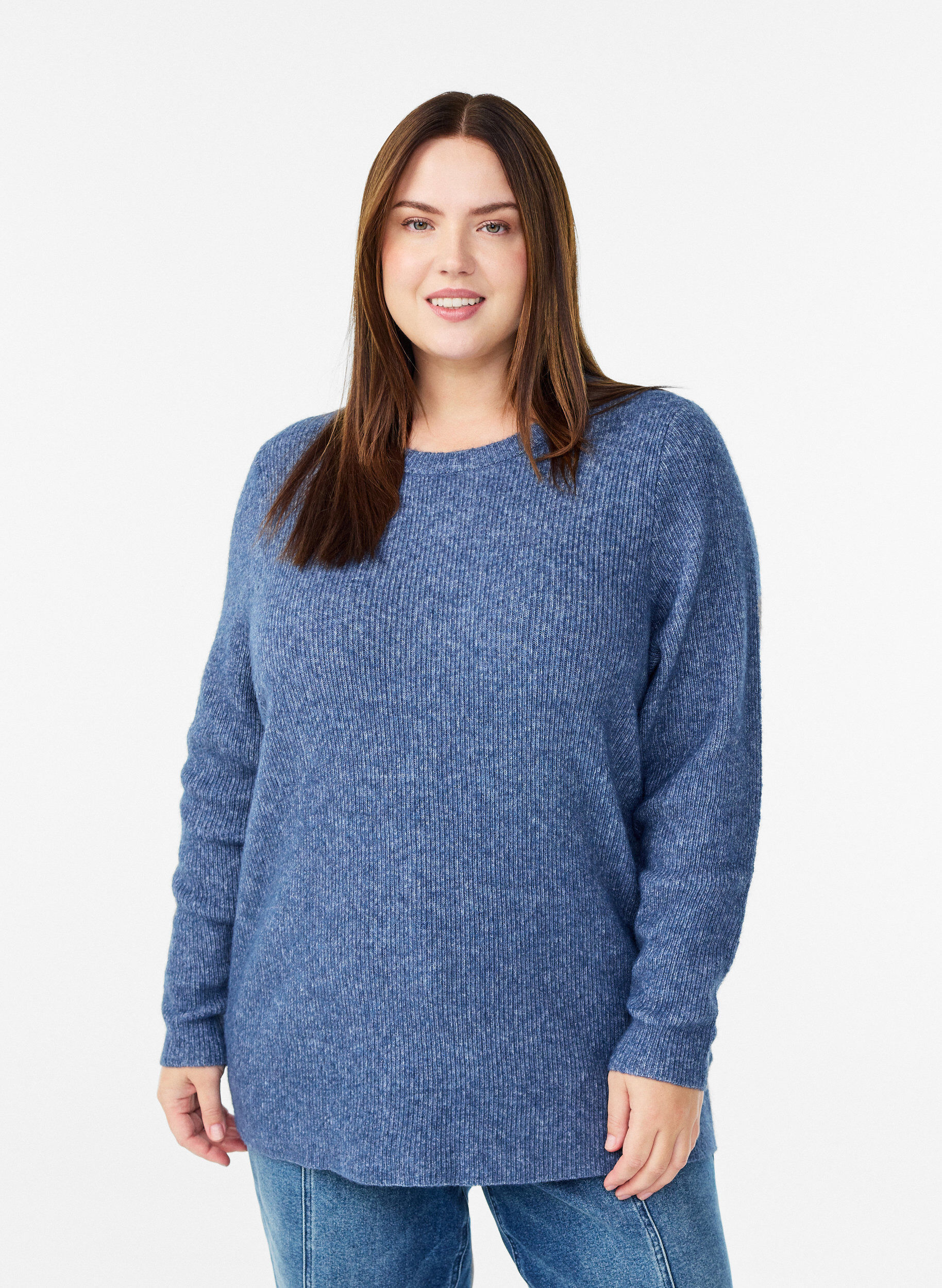 Melange knit blouse with round neck, Blue, Model