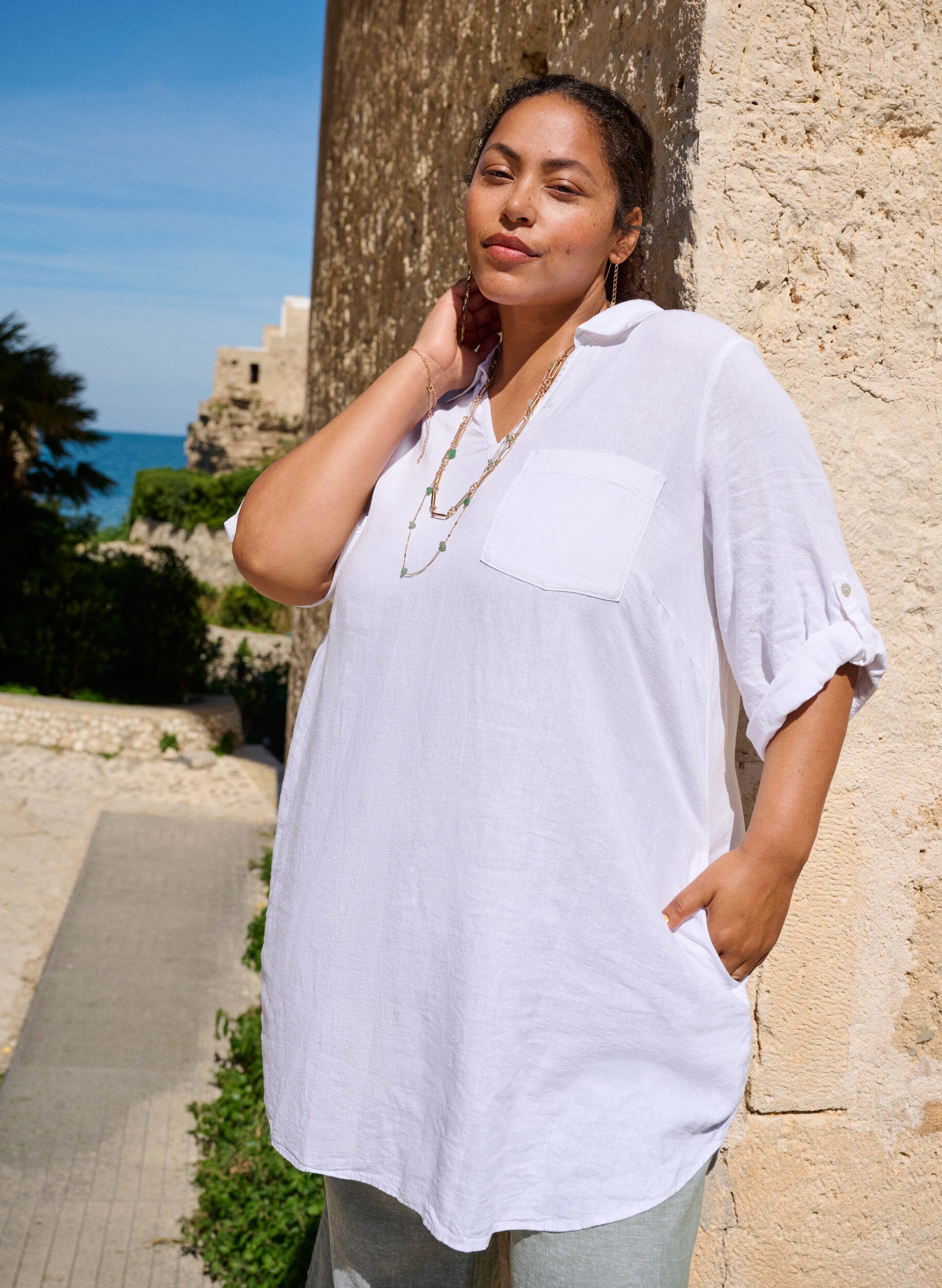 Zizzifashion Linen and viscose tunic with A-shape, White, Image image number 0