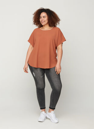 Blouse with short sleeves and a round neckline, Copper Brown, Model image number 2