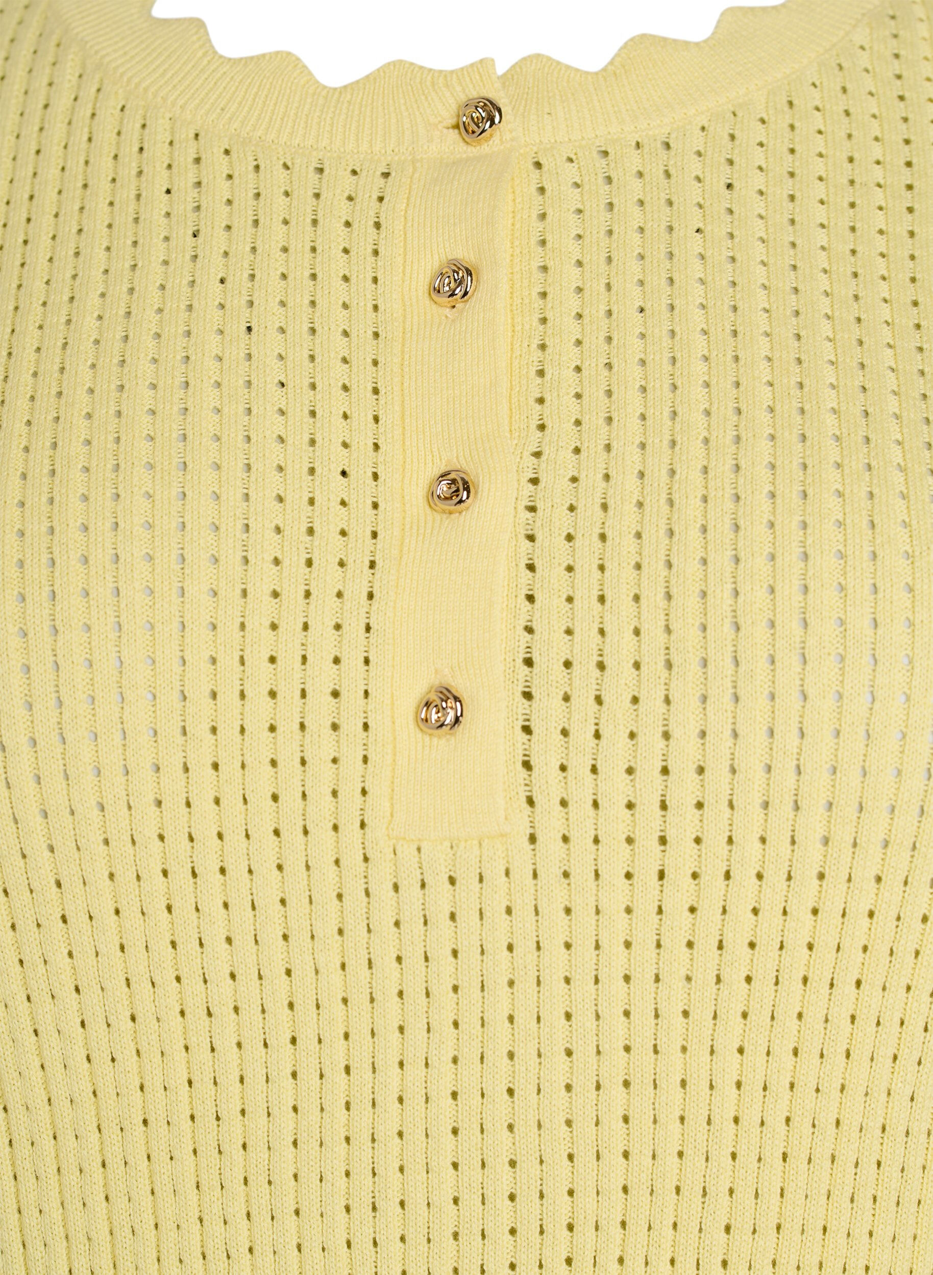 Zizzifashion Short-sleeved knit blouse with openwork pattern and wavy edges, Yellow, Packshot image number 2