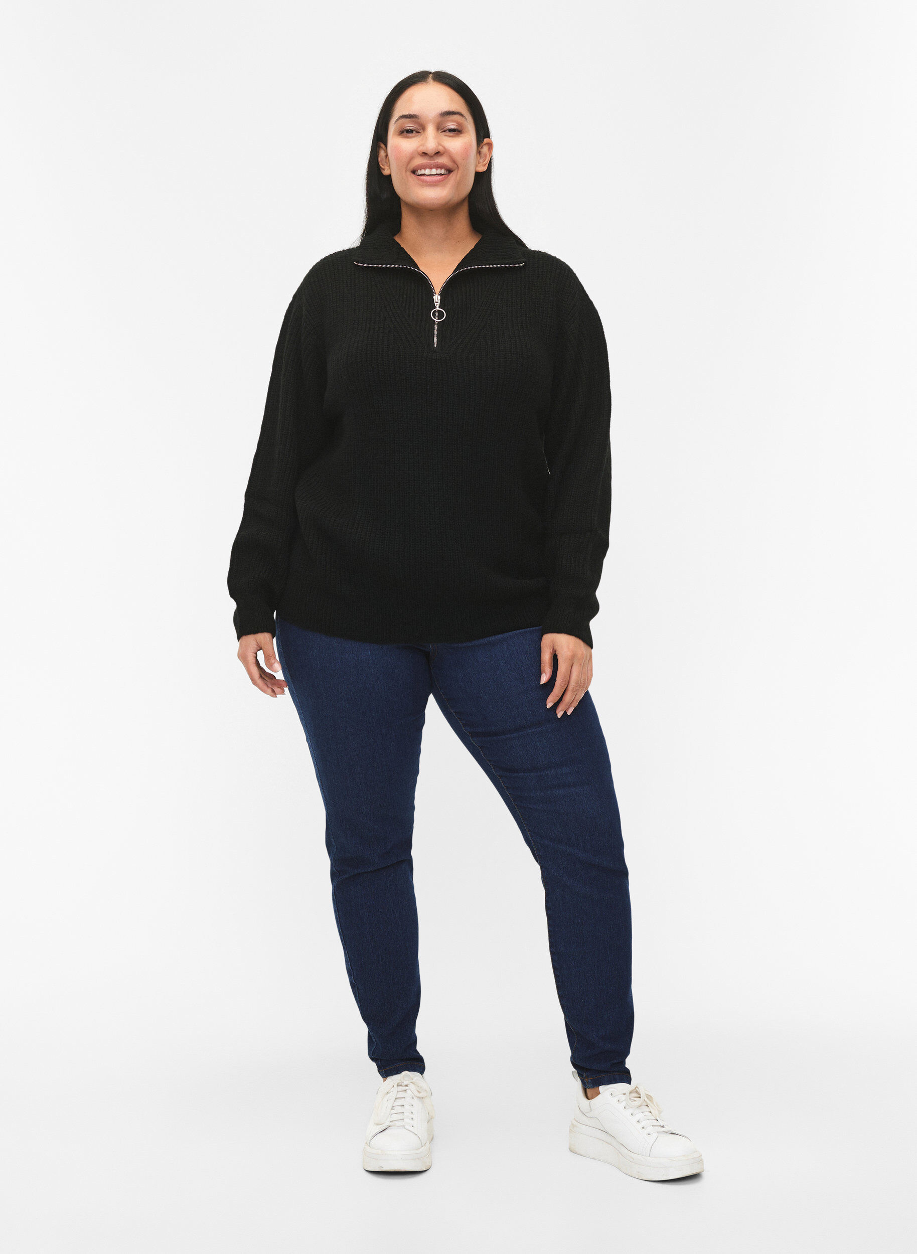 ZizzifashionKnitted sweater with high neck and zipper, Black, Model image number 1