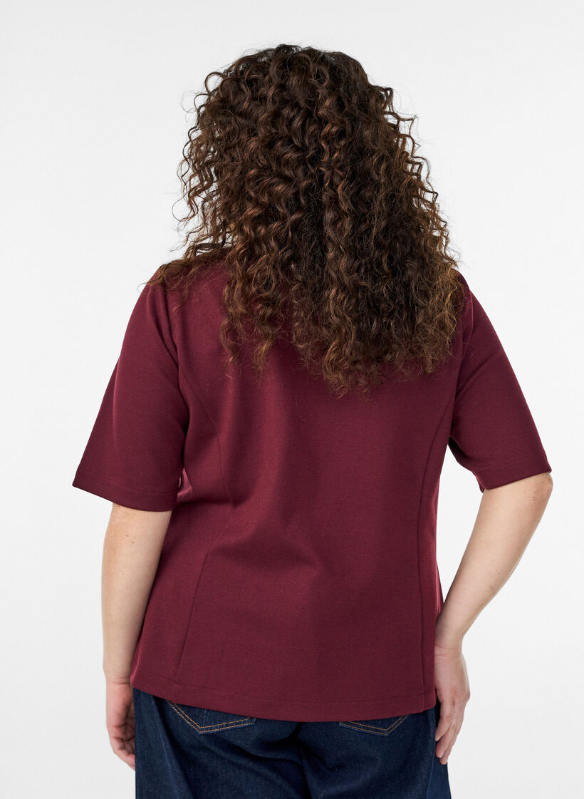 Blouse with asymmetric wrap effect and short sleeves, Red, Model image number 2