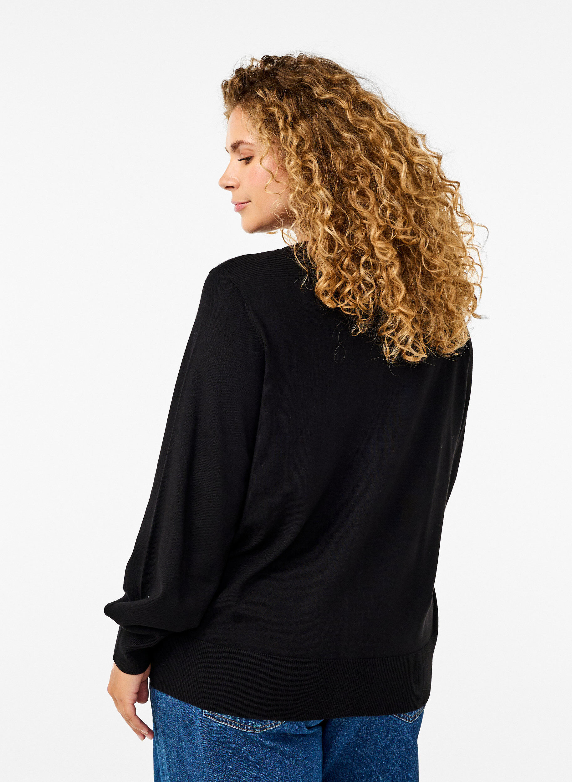 Zizzifashion Knitted cardigan with round neck and buttons, Black, Model image number 2