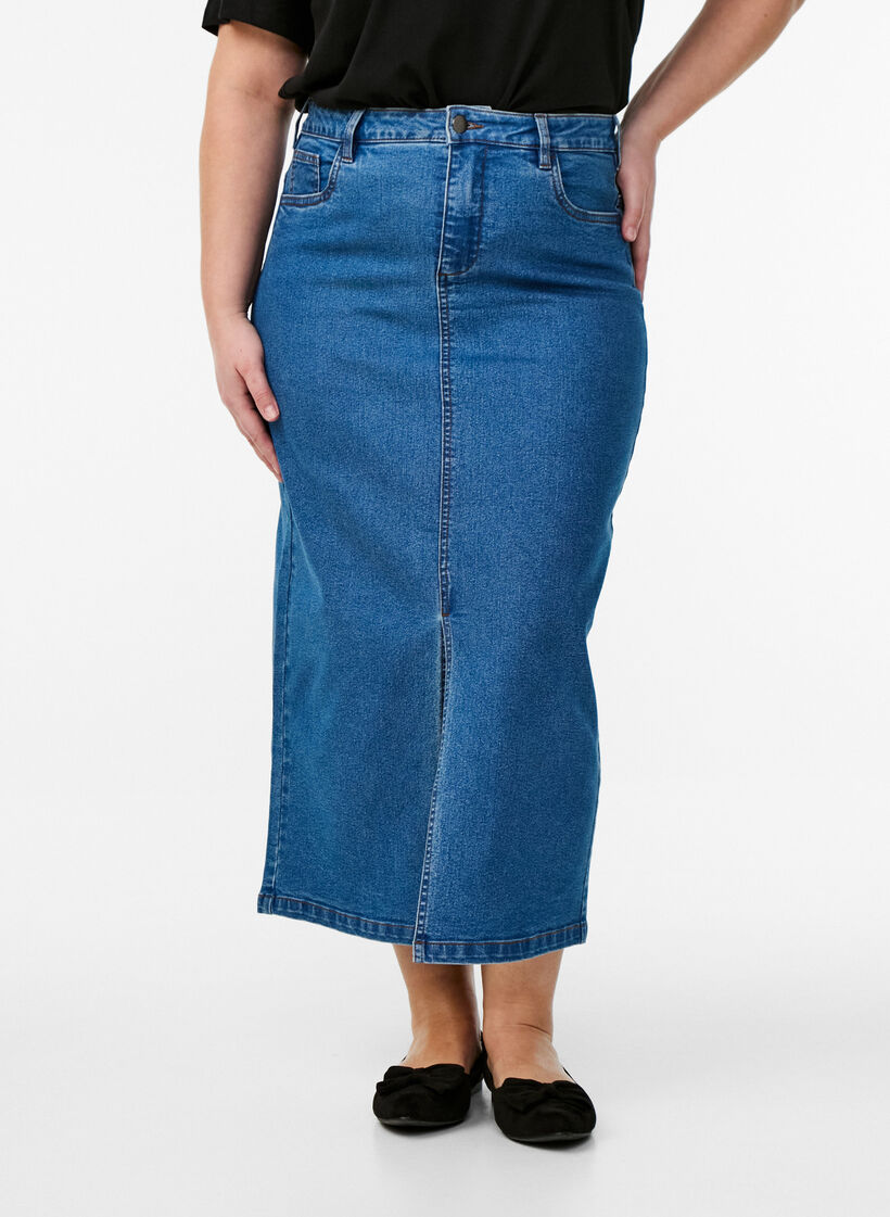 FLASH - Midi denim skirt with a front slit, Blue, Model image number 2