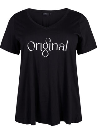 Cotton t-shirt with text print and v-neck, Black ORI, Packshot image number 0