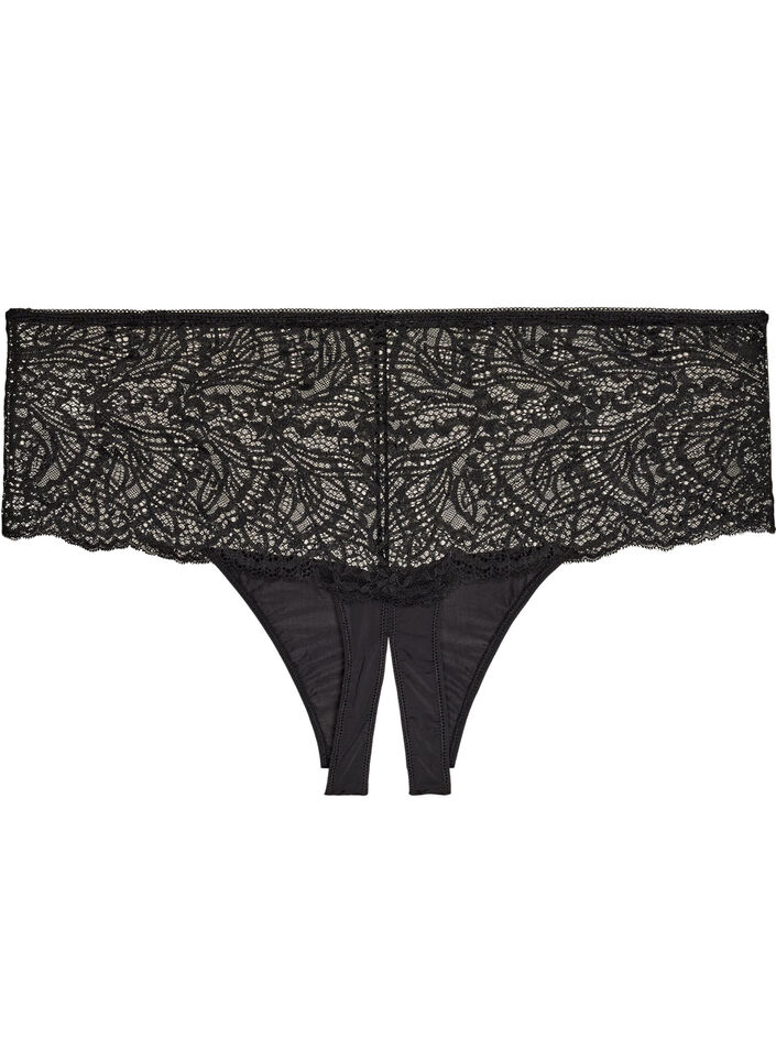 Crotchless hipster thong with lace and high waist, Black, Packshot image number 1
