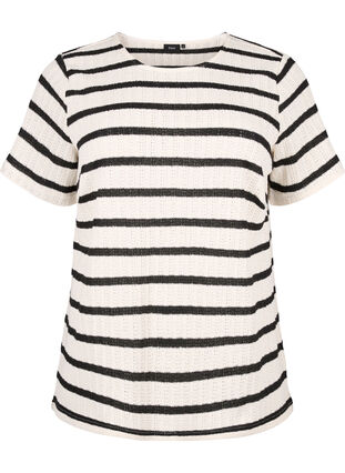 Short sleeve blouse with contrast-colored stripes, Sand Black Stripe, Packshot image number 0