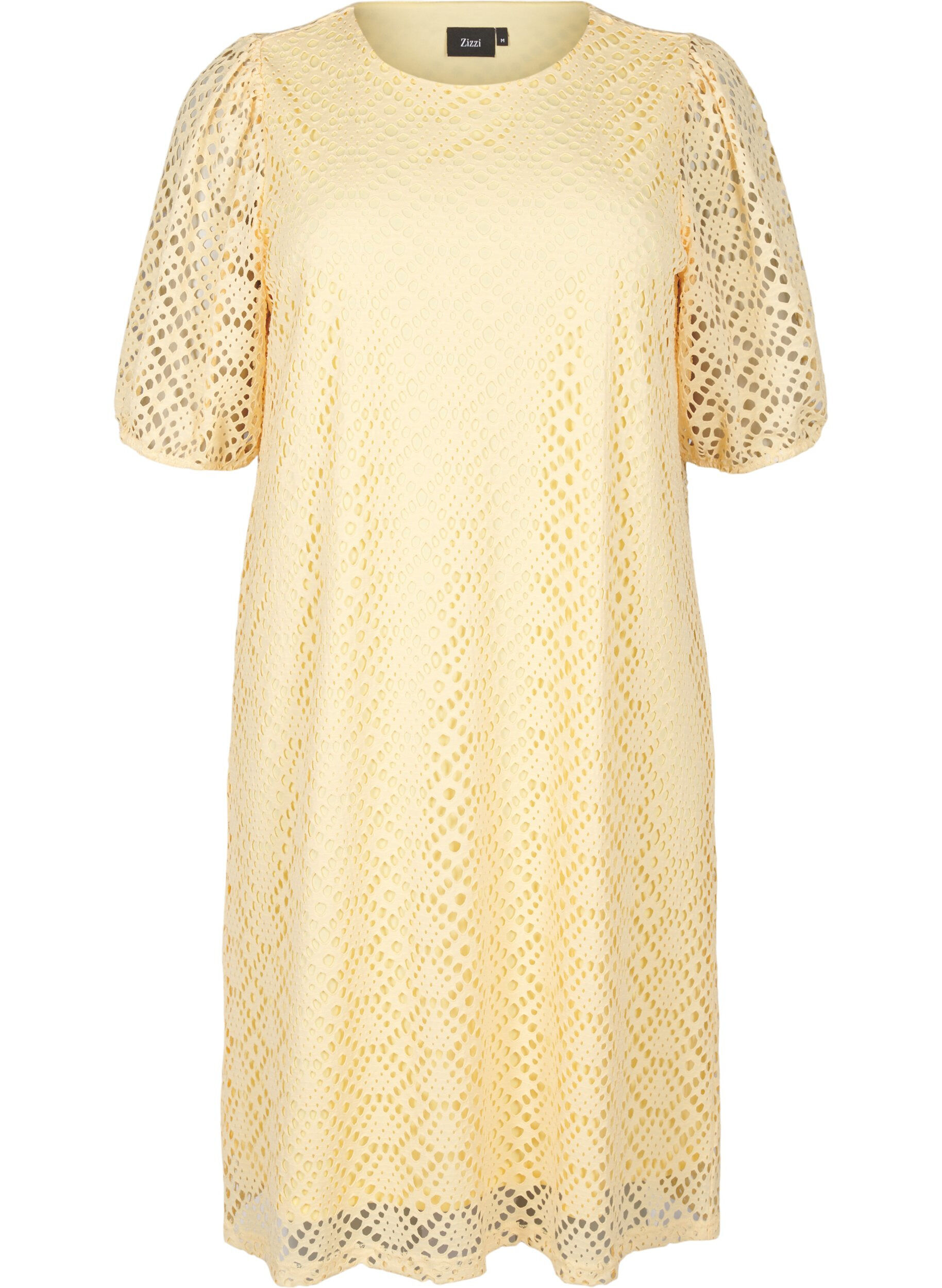 Knee-length dress with eyelet pattern and short sleeves