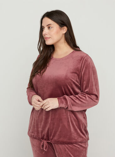 Long-sleeved velour blouse with tie detail, Mesa Rose, Model image number 0