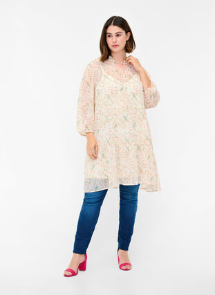 Floral print tunic with 3/4 sleeves, Off White Flower, Model image number 2