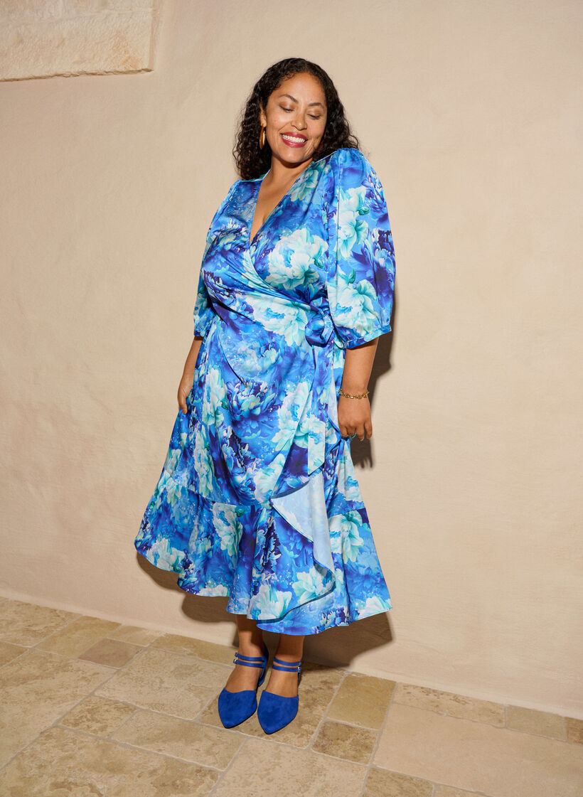 Floral wrap dress with 3/4 sleeves, Blue, Image image number 0