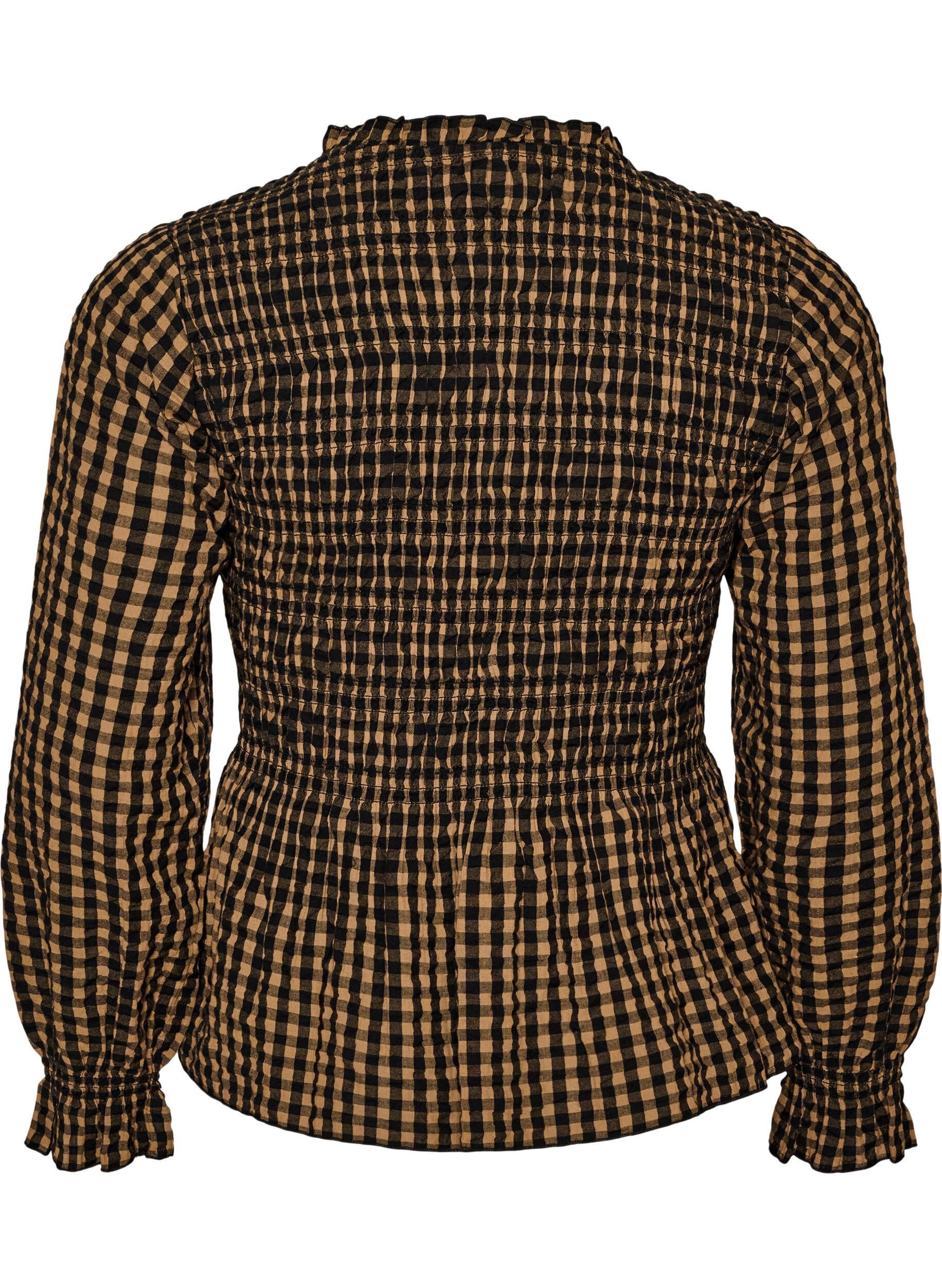ZizzifashionChecked blouse with smocking and peplum, Brown, Packshot image number 1