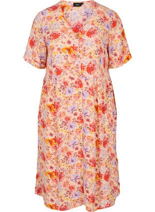 Short-sleeved midi dress with button closure, Red Orange AOP, Packshot image number 0