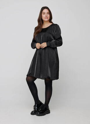 Shiny dress with long puff sleeves, Black, Model image number 3