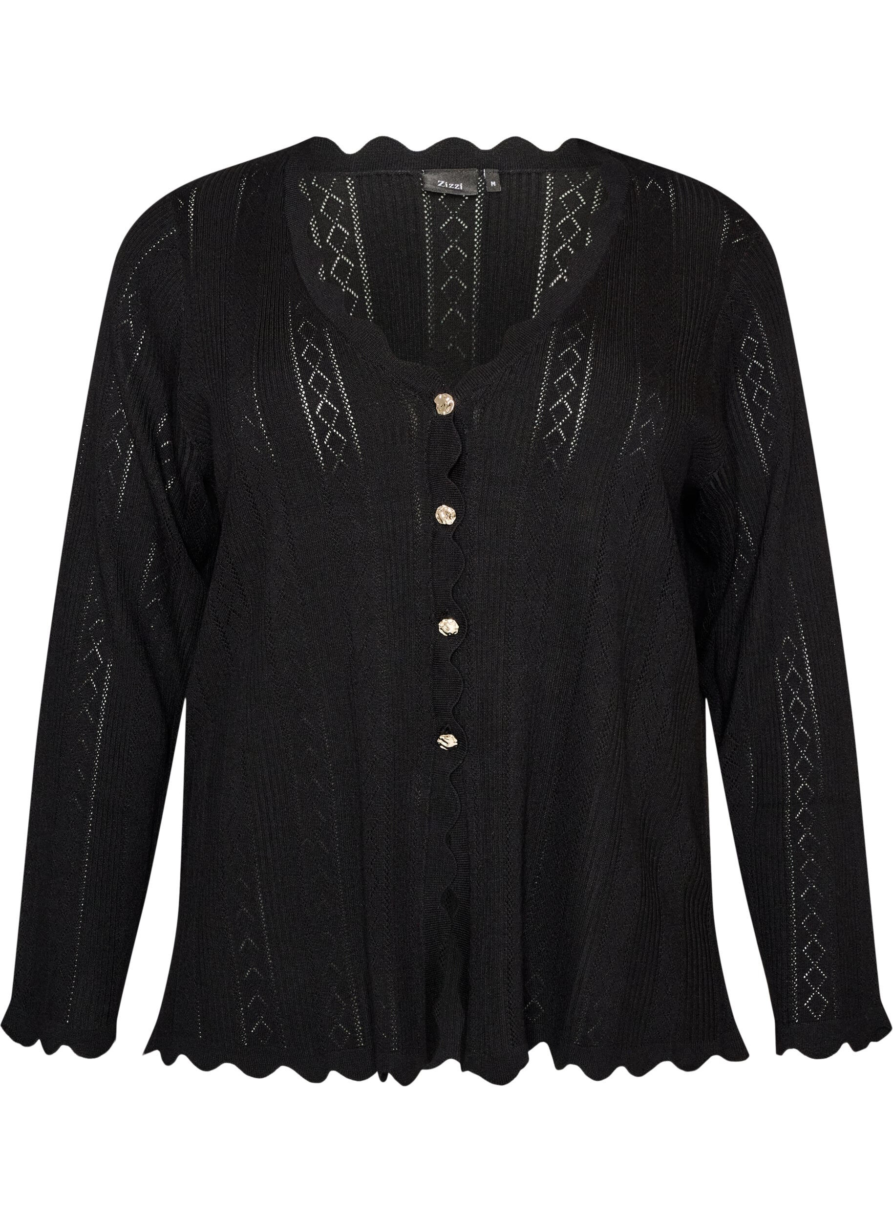 ZizzifashionCardigan with eyelet embroidery and wavy edges, Black, Packshot image number 0