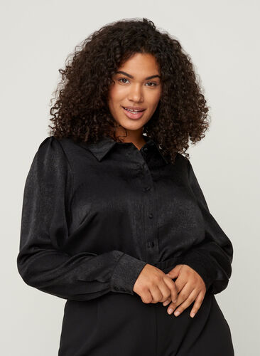 Textured shirt with long puff sleeves, Black, Model image number 0