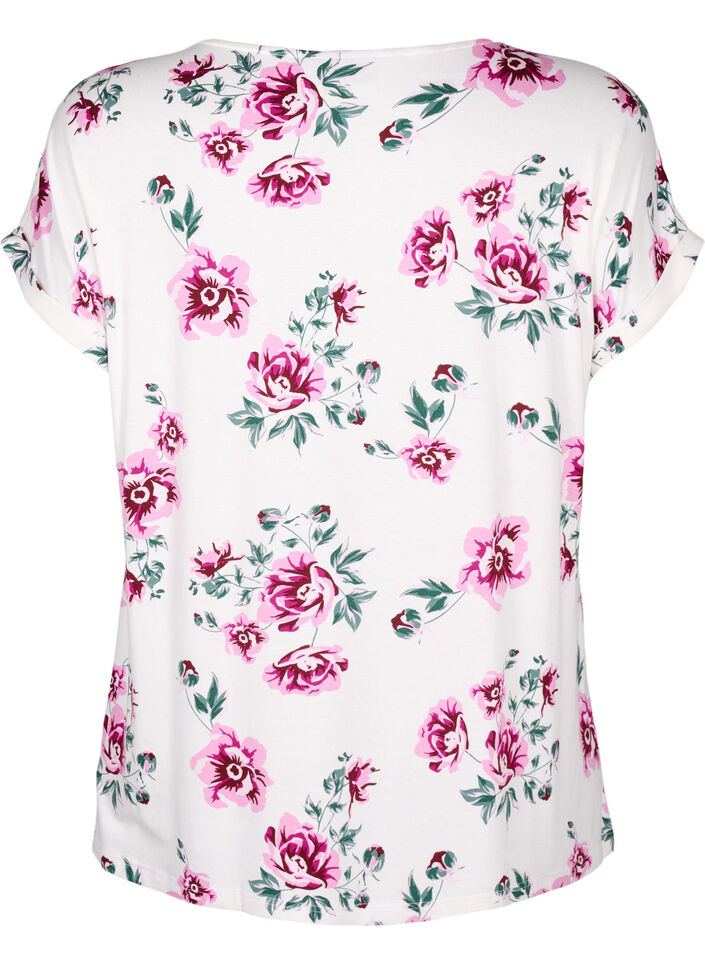 Floral viscose blouse with short sleeves, White Pink AOP, Packshot image number 1