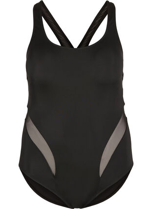 Swimsuit with round neck and mesh, Black, Packshot image number 0