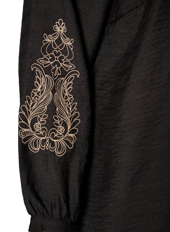 Viscose shirt with embroidered sleeves, Black, Packshot image number 3