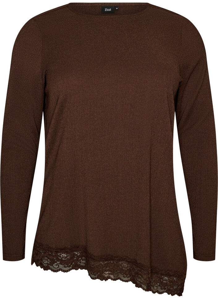 Jersey blouse with asymmetrical lace trim, Brown, Packshot image number 0