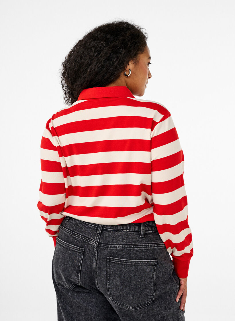 Long-sleeved polo shirt with stripes, Red, Model image number 2