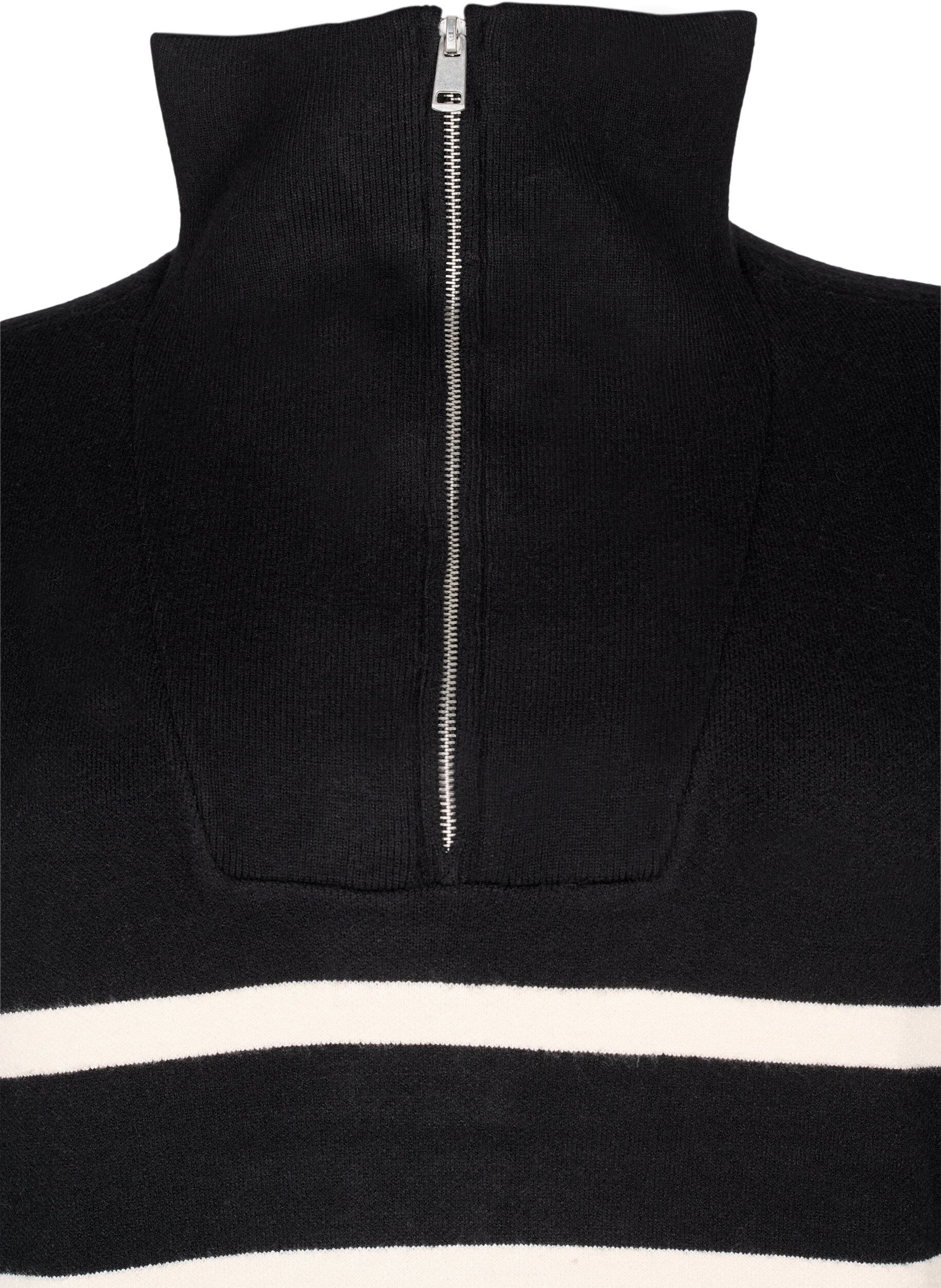 Zizzifashion Striped knit dress with high collar and zipper, Black w. Birch, Packshot image number 2