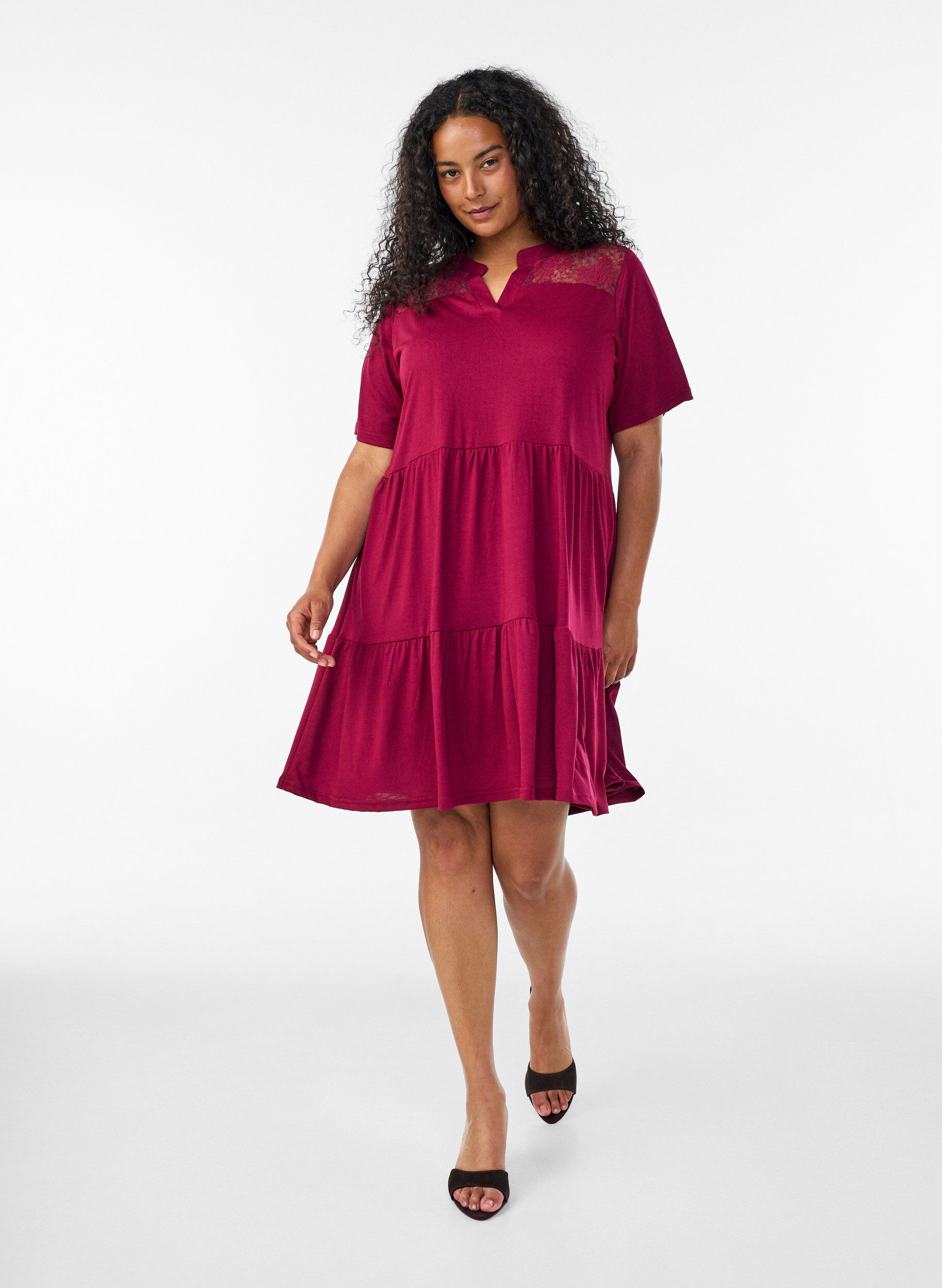 Zizzifashion Jersey dress with lace details and a layered skirt, Red, Model image number 1