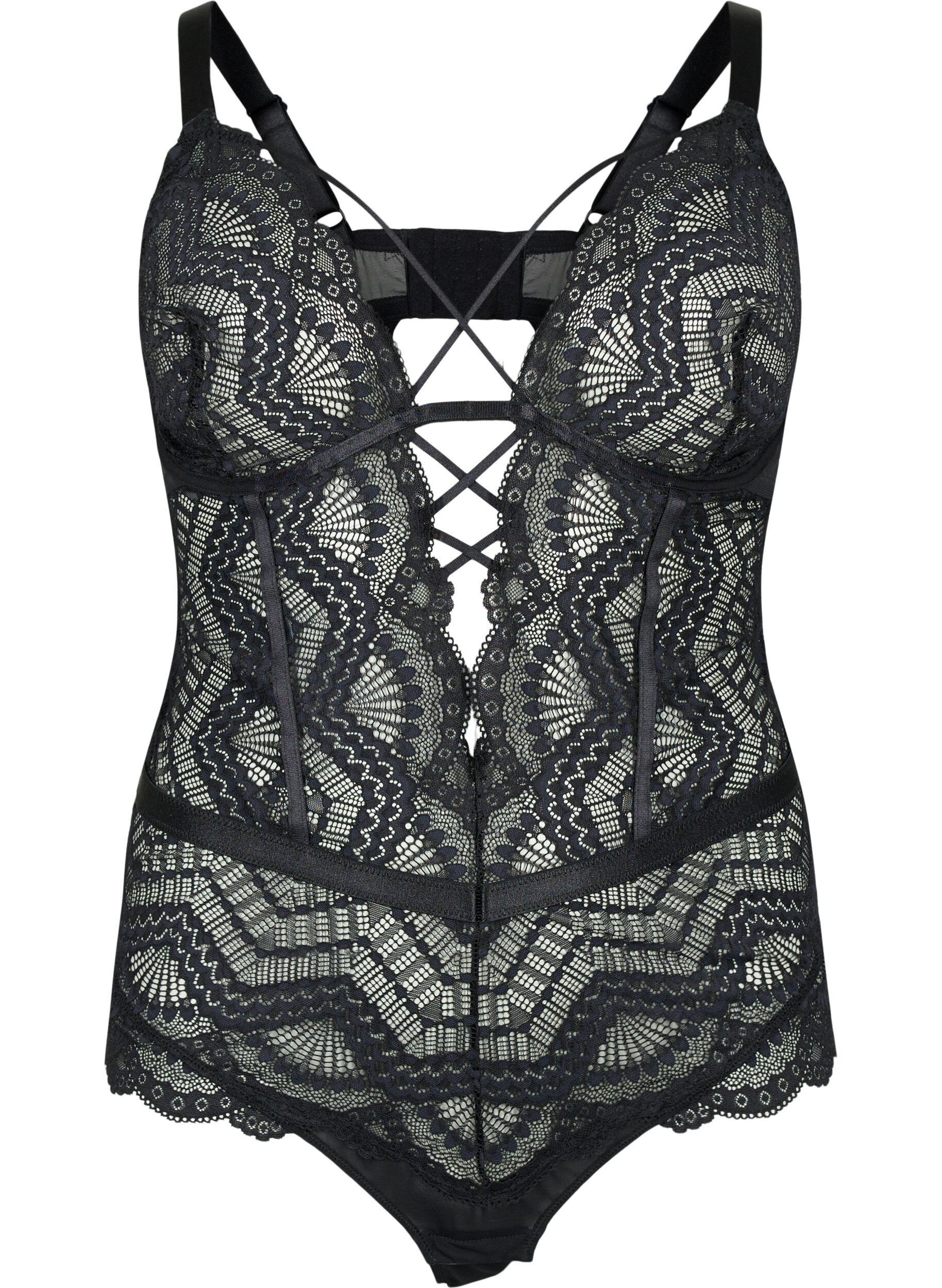 Zizzifashion Lace bodystocking with strings, Black, Packshot image number 0