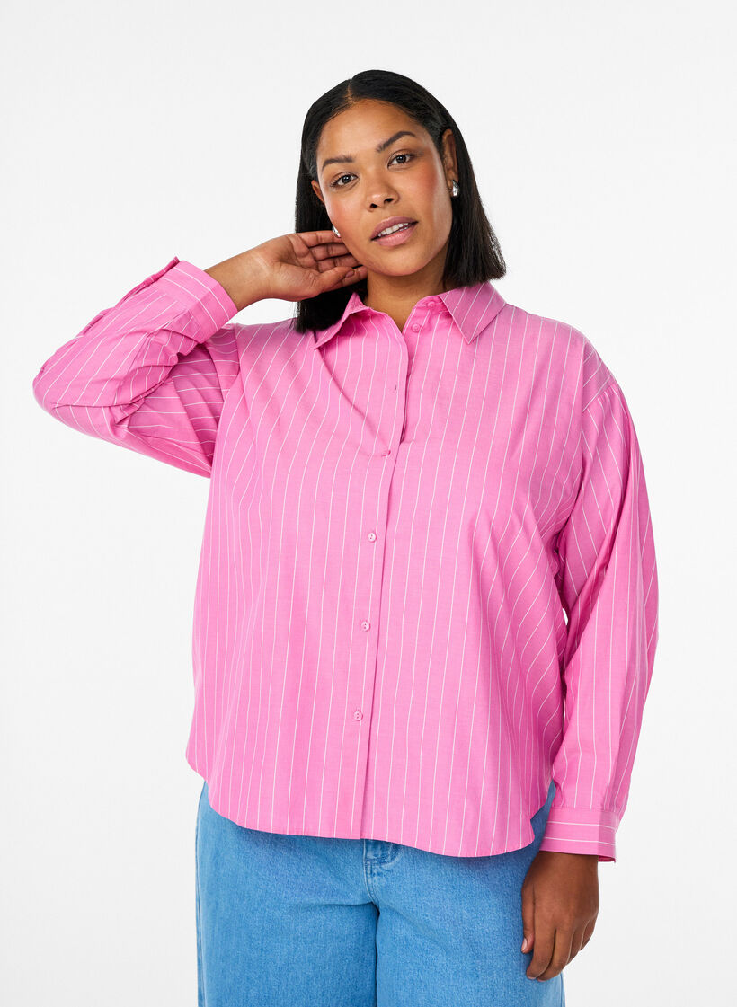 Shirt blouse with pinstripes and tie detail at the back, Pink, Model image number 0