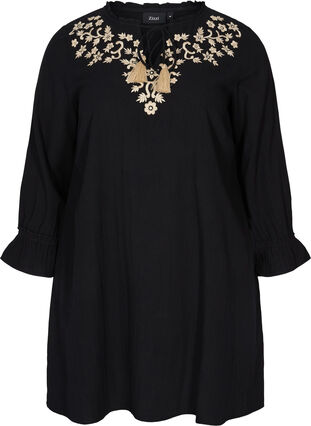 Cotton tunic with embroidery and tie details, Black, Packshot image number 0