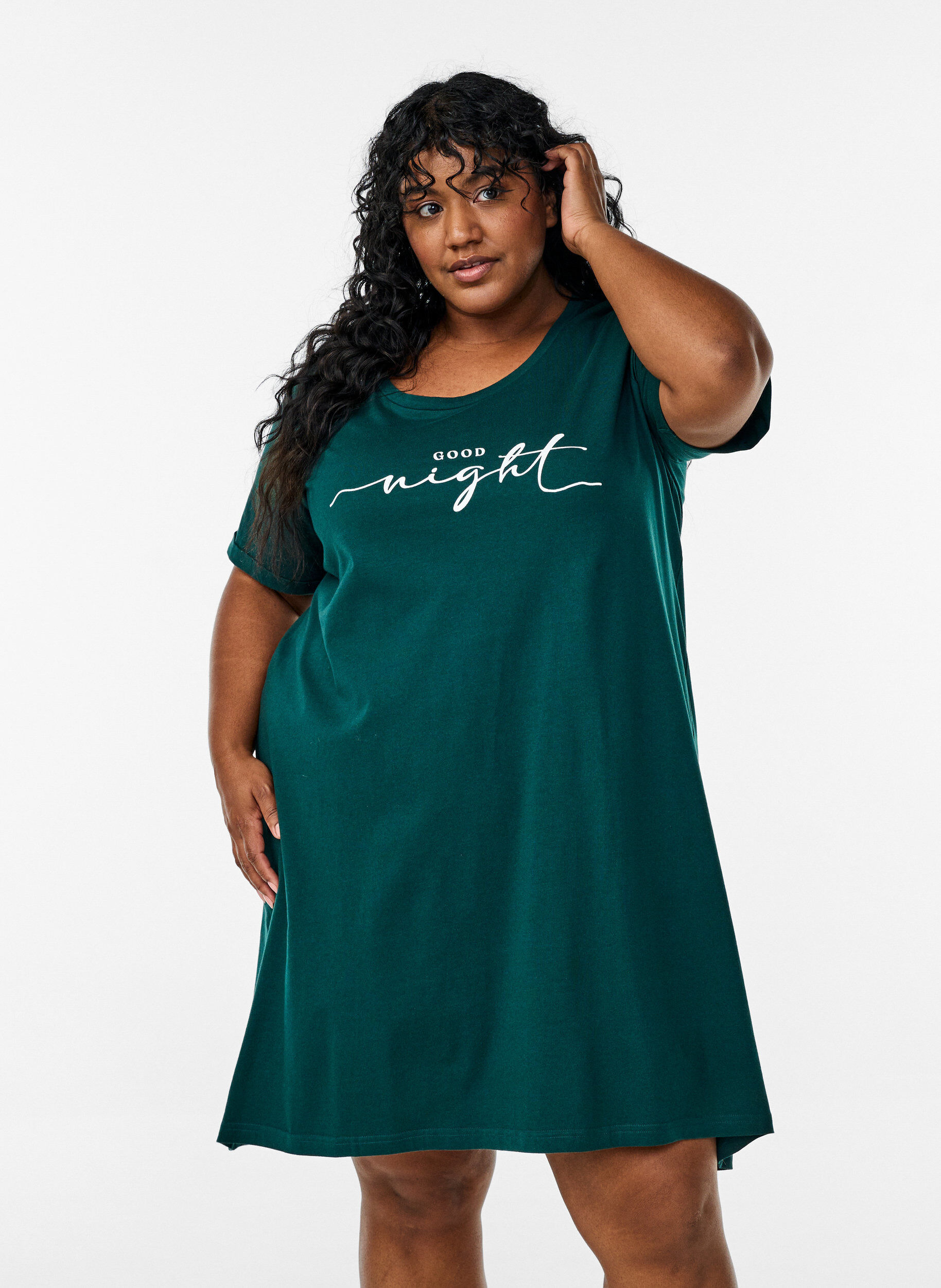 Zizzifashion Short-sleeved nightgown in organic cotton, Green, Model image number 0