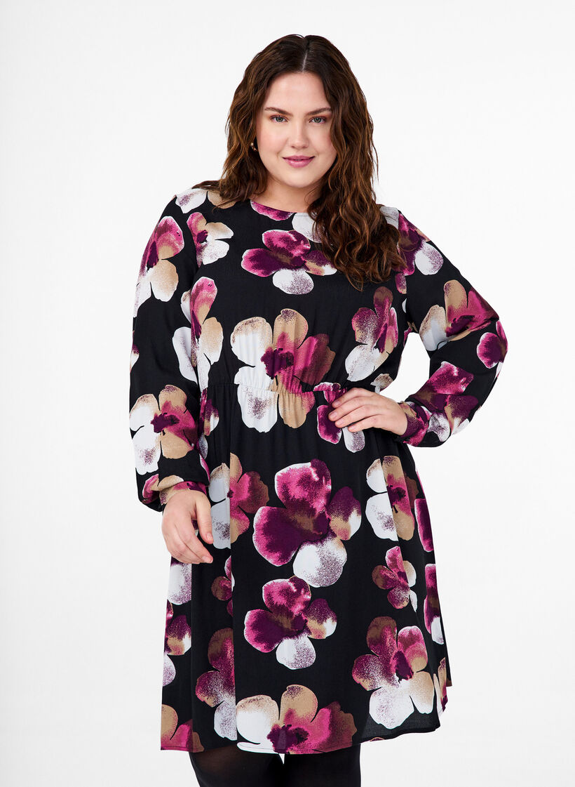 Viscose dress with print and long sleeves, Black, Model image number 0