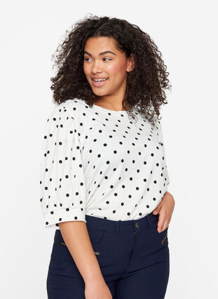 Dotted t-shirt with puff sleeves, White w. Black Dots, Model image number 0
