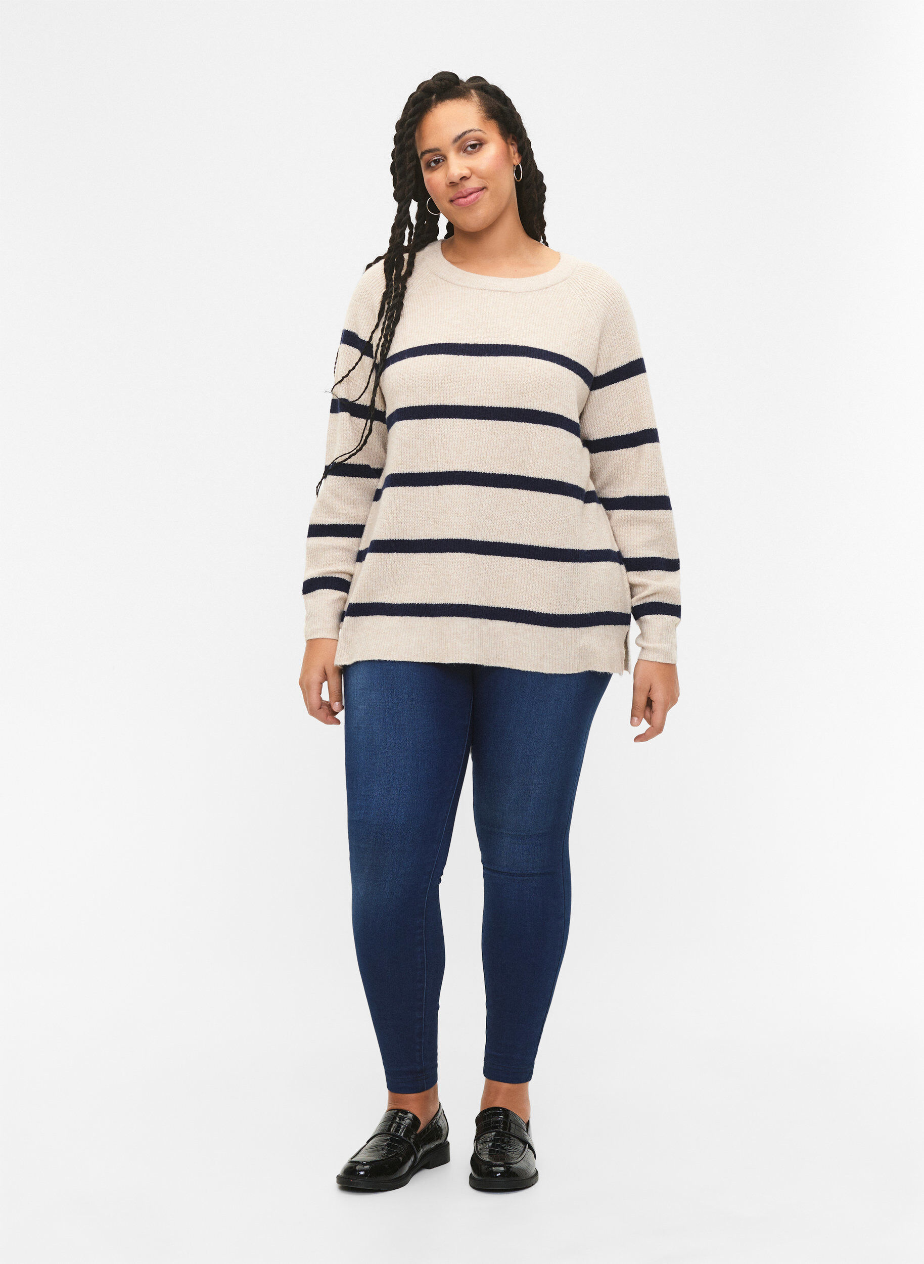 Zizzifashion Rib-knit sweater with stripes, P.Stone/Navy.B.Mel., Model image number 2