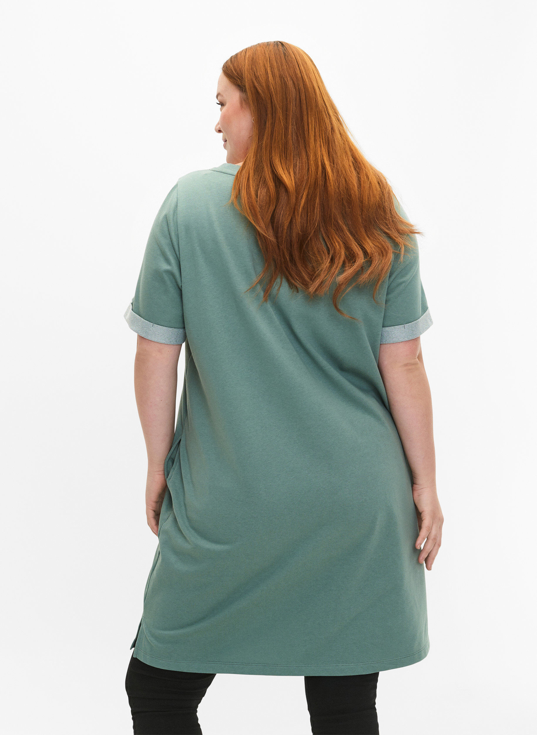 Zizzifashion Short-sleeved sweat dress with pockets, Chinois Green, Model image number 1