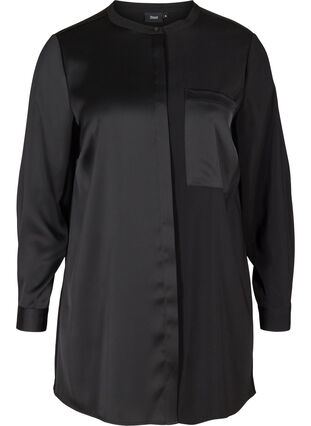 Long, solid-coloured shirt with breast pocket, Black, Packshot image number 0