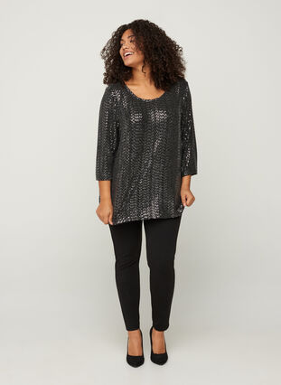 Blouse with 3/4 length sleeves and sequins, Black w Silver, Model image number 2