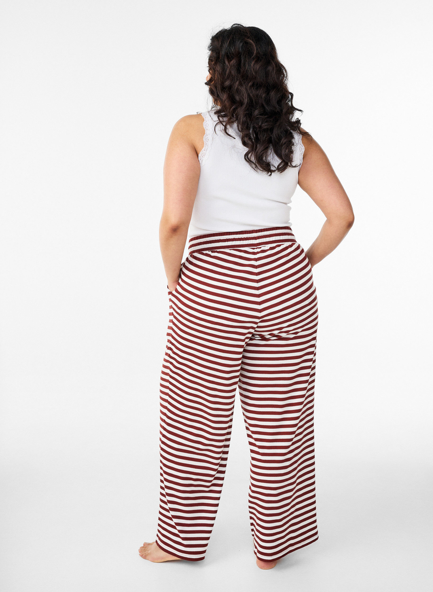 Zizzifashion Striped pyjama bottoms with a high waist and wide legs, Red, Model image number 1