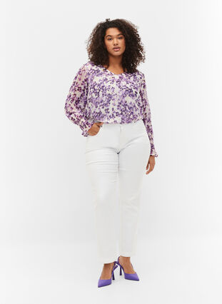 Floral blouse with long sleeves and v neck, Beige/Purple Flower, Model image number 2