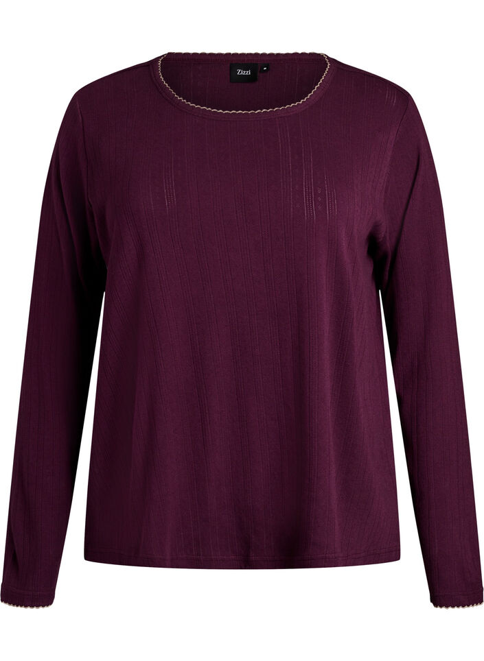 Organic cotton pyjama top with eyelet embroidery, Dark Bordeaux, Packshot image number 0