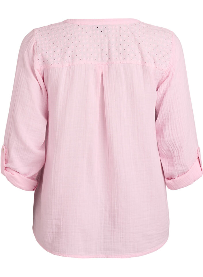 Blouse in cotton muslin with broderie anglaise, Rose, Packshot image number 1