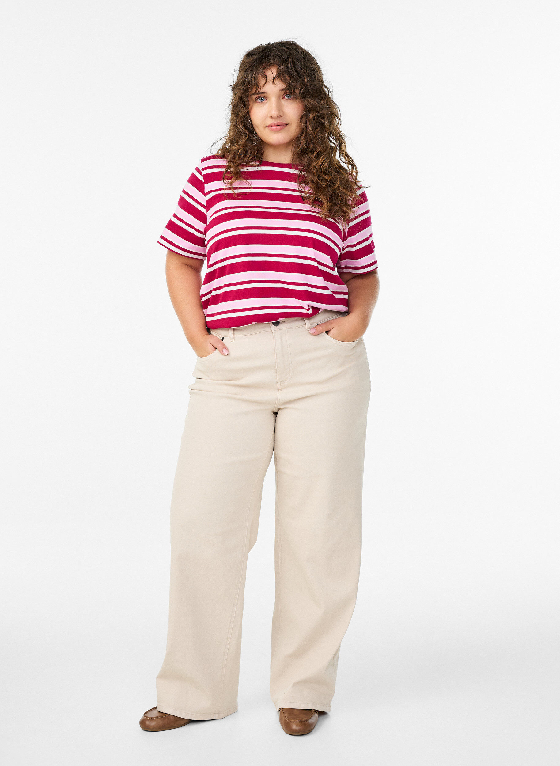 Zizzifashion Cotton T-shirt with stripes, Rose, Model image number 1