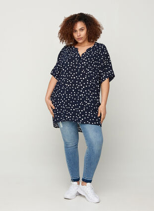 Short-sleeved viscose tunic with print, Night Sky Dot, Model image number 2