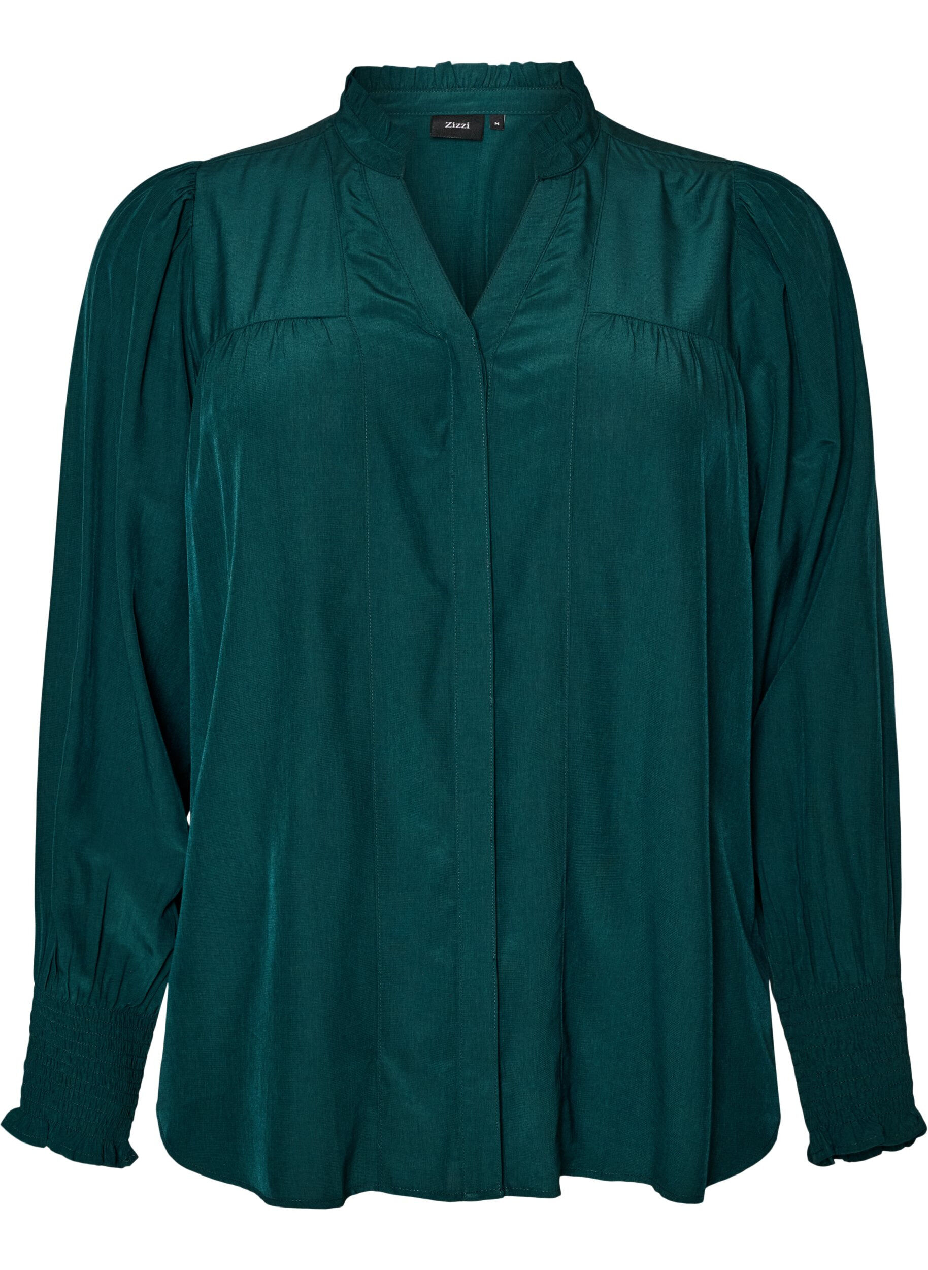 ZizzifashionBlouse with ruffle collar and ruching, Green, Packshot image number 0