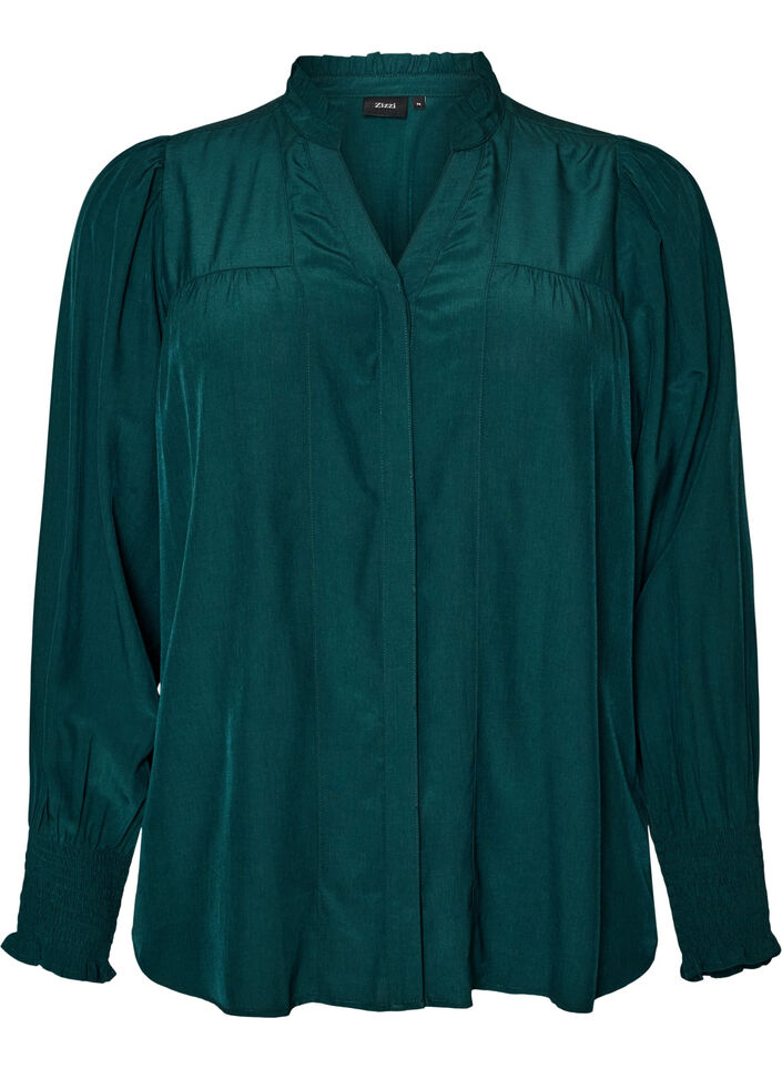 Blouse with ruffle collar and ruching, Green, Packshot image number 0